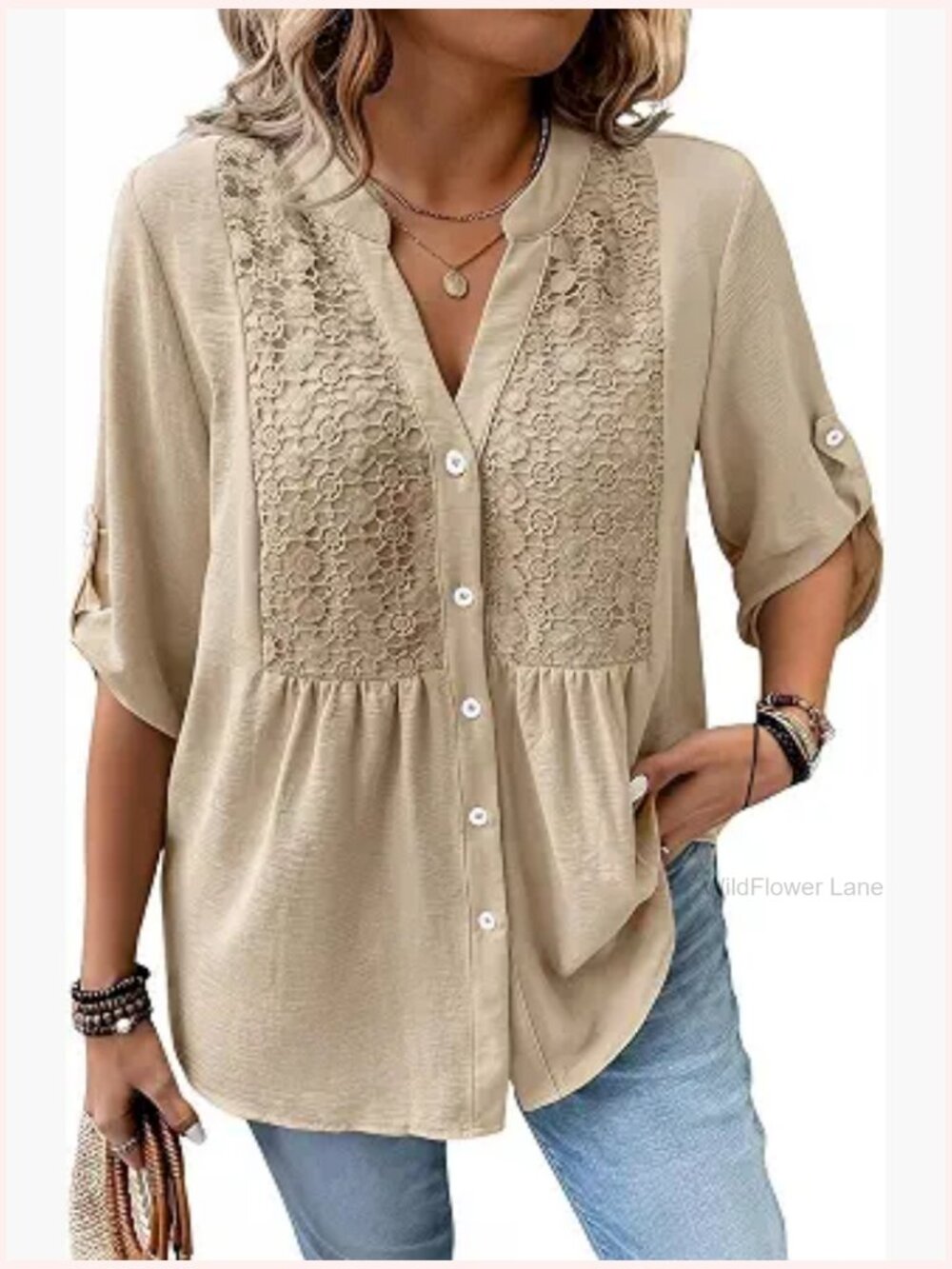 Plus Size Button Down Blouse Boho 3/4 Sleeve Tunic Top Loose